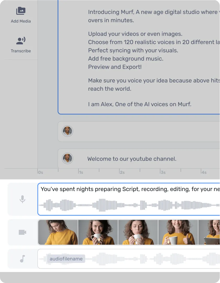 If you have videos, images, or music that supplements the voice over, upload them to the studio and sync the voice over to the media. 