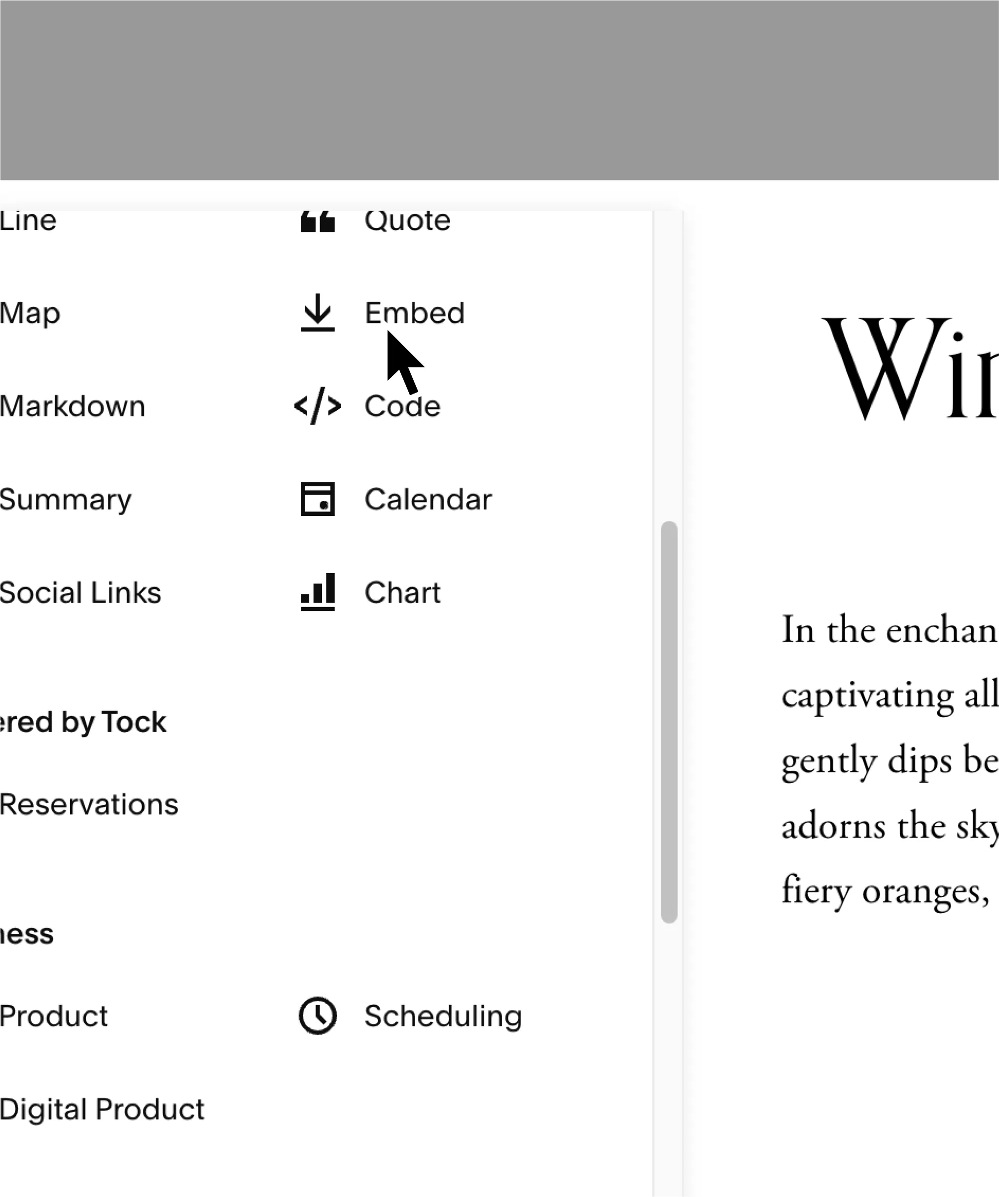 In Squarespace, select ‘Site Styles’ and add a new section. Click on the plus (+) icon and select ‘Embed’