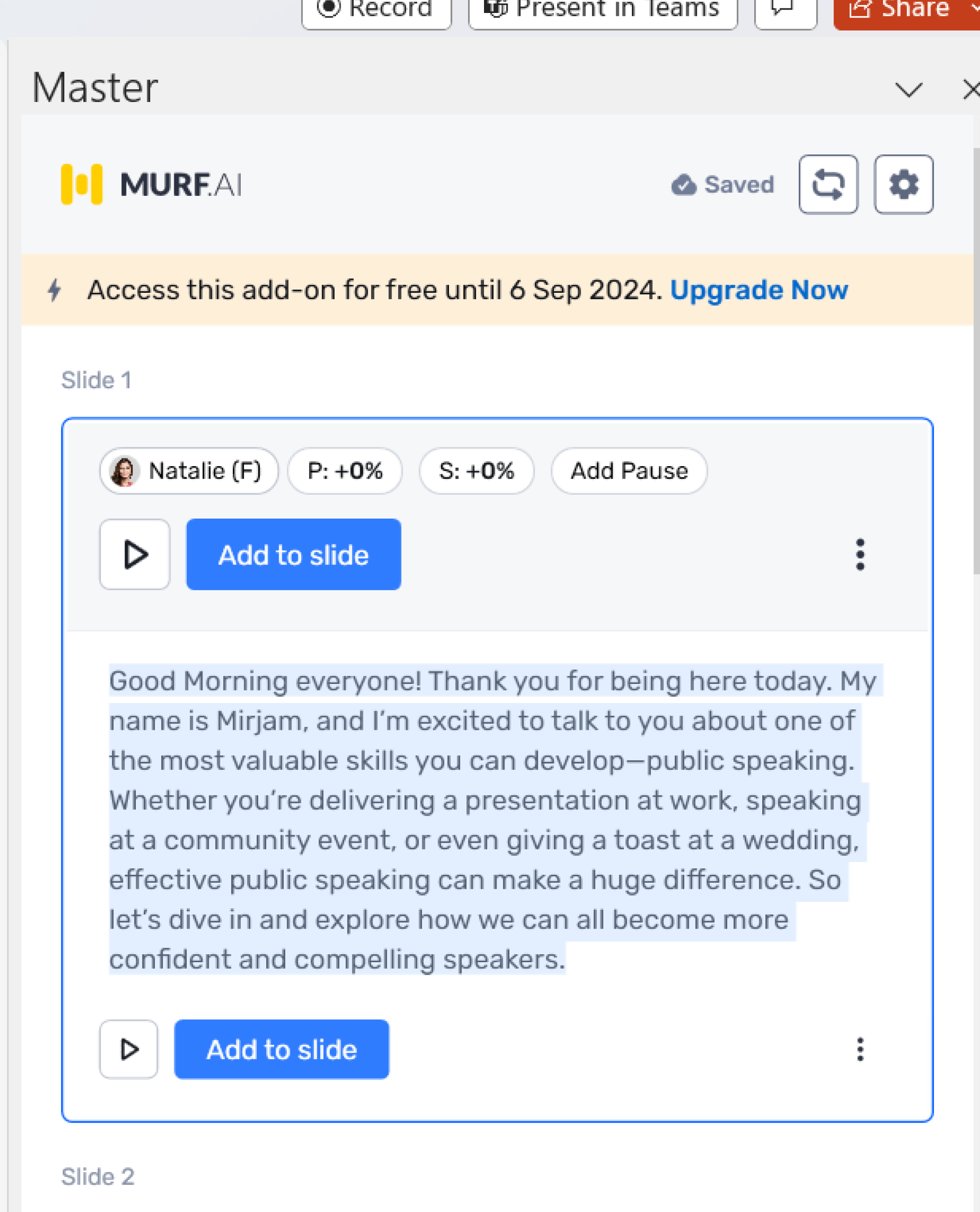 Allow Murf to automatically organize your slides into blocks and sub-blocks based on content and speaker notes.