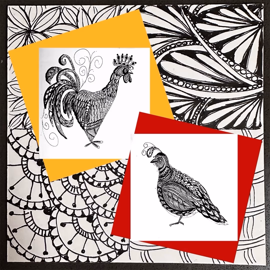 Rooster and Quail Zentangle Designs by Barbara Mulleneaux