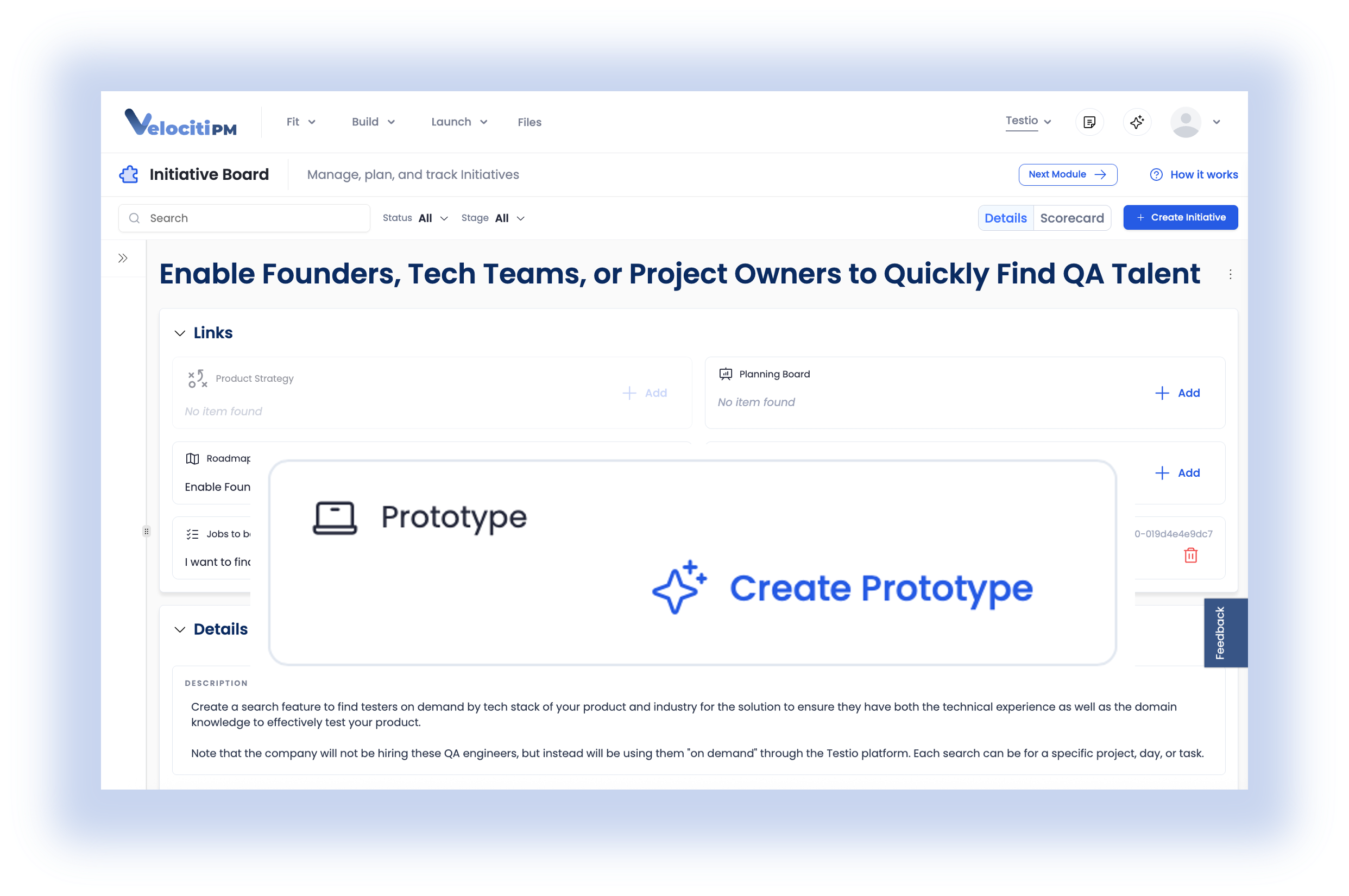 Velociti PM Create Workspace Screenshot