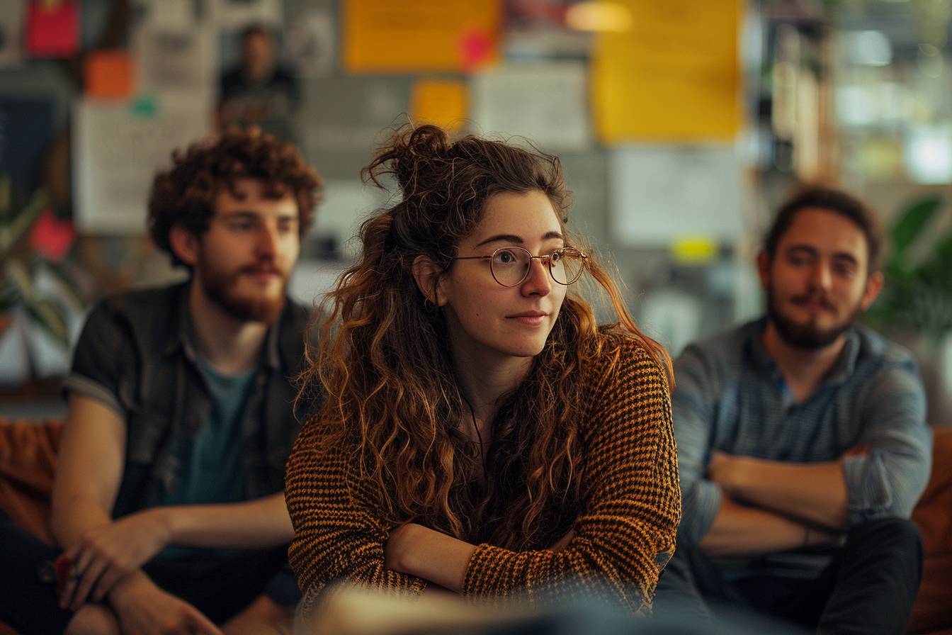 A group of three young adults in a cozy setting, with a woman in focus wearing glasses and a patterned sweater, reflecting thoughtful engagement.