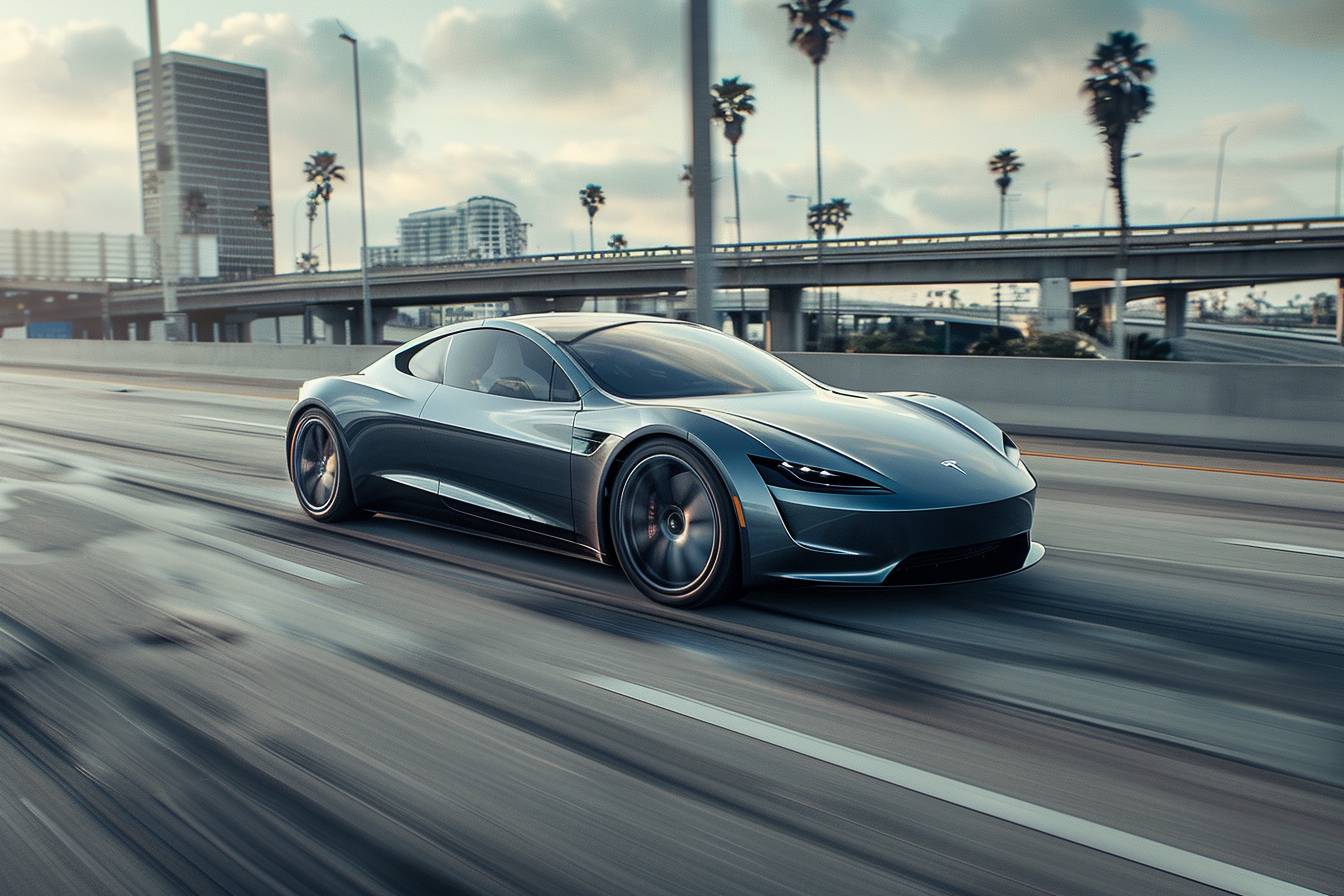 A sleek electric sports car, distinguished by its modern design, speeds along an urban highway lined with palm trees and skyscrapers.