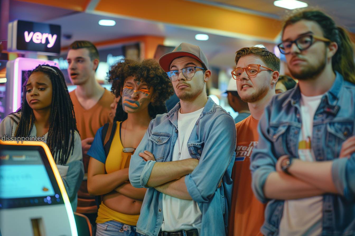 A diverse group of young adults, featuring unique expressions and styles, gathered around an entertainment kiosk, creating a vibrant atmosphere.