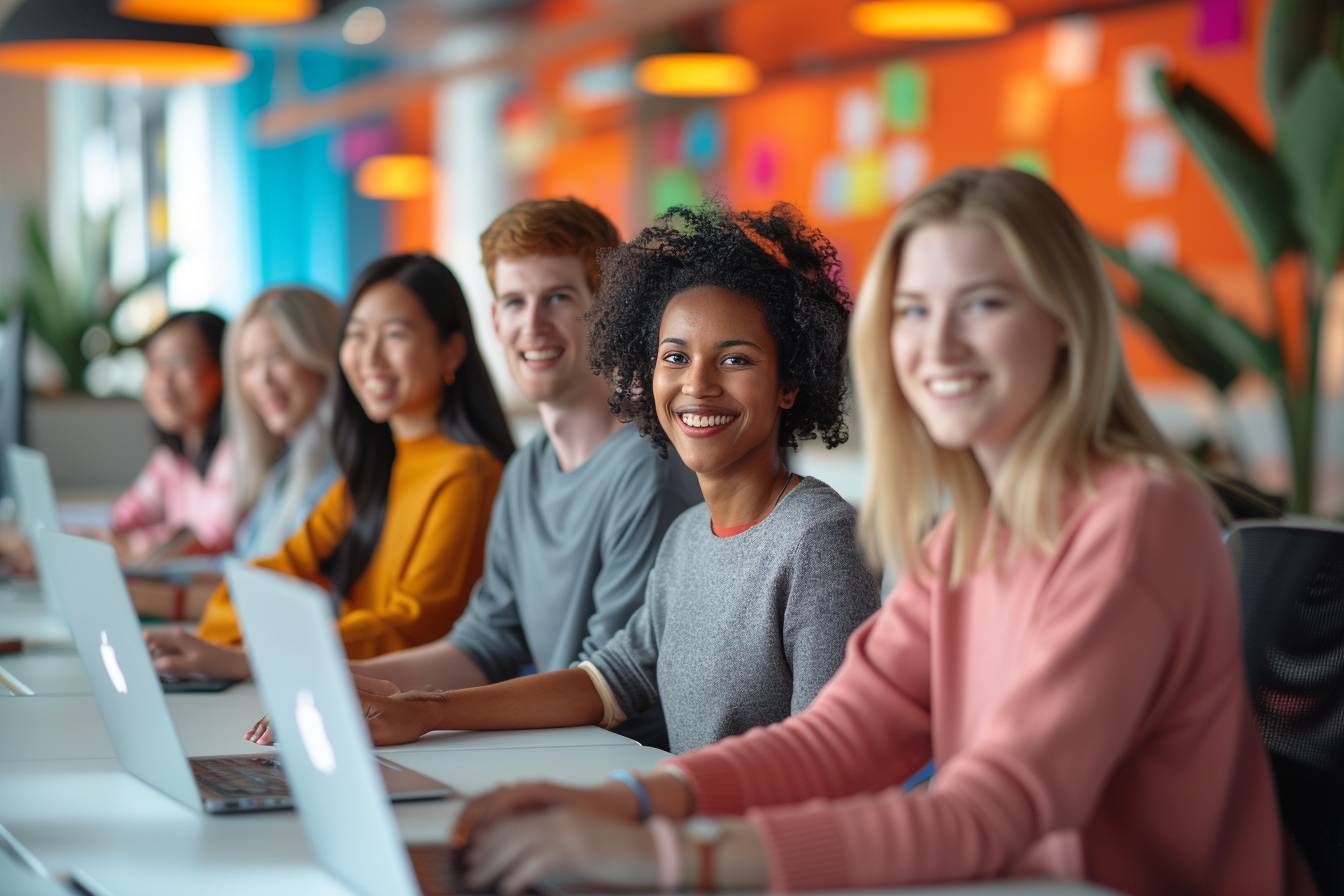 A diverse group of six young adults working together at a bright workspace, smiling and engaged in their tasks on laptops.