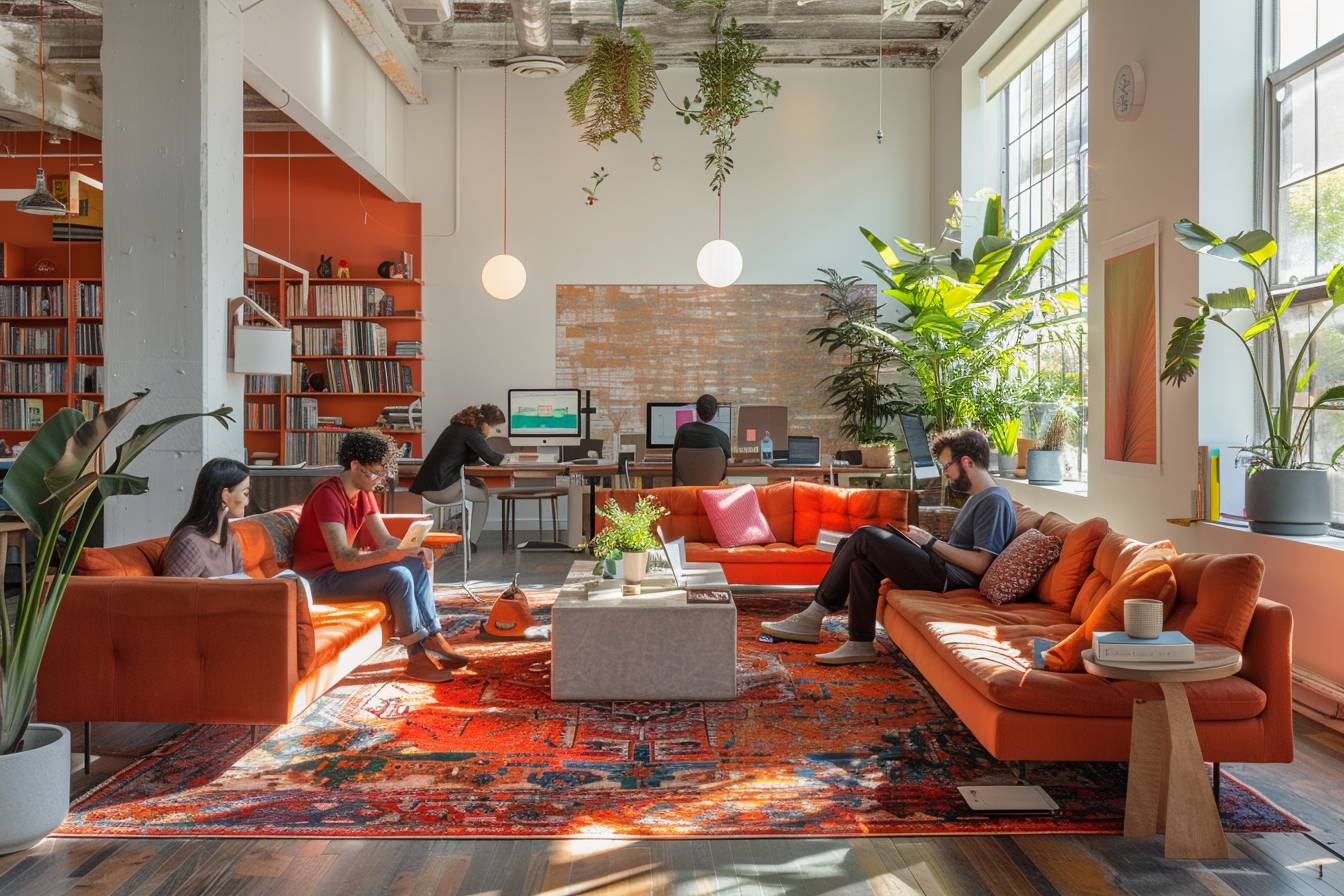 A vibrant co-working space featuring orange couches, plants, and people engaged in various activities, promoting a creative and collaborative atmosphere.