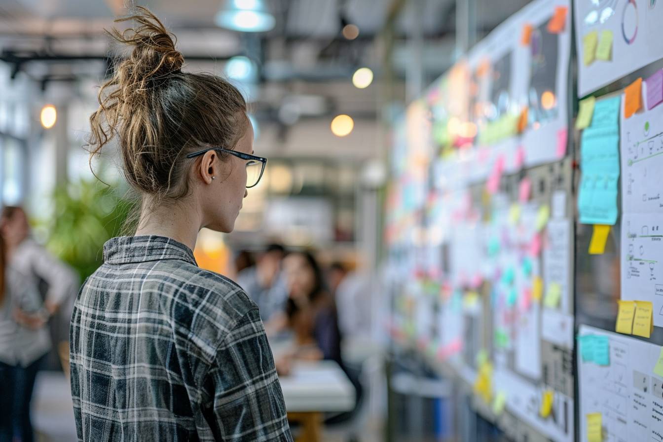 A woman in a checkered shirt observes a wall covered with colorful sticky notes and papers in a collaborative office environment.