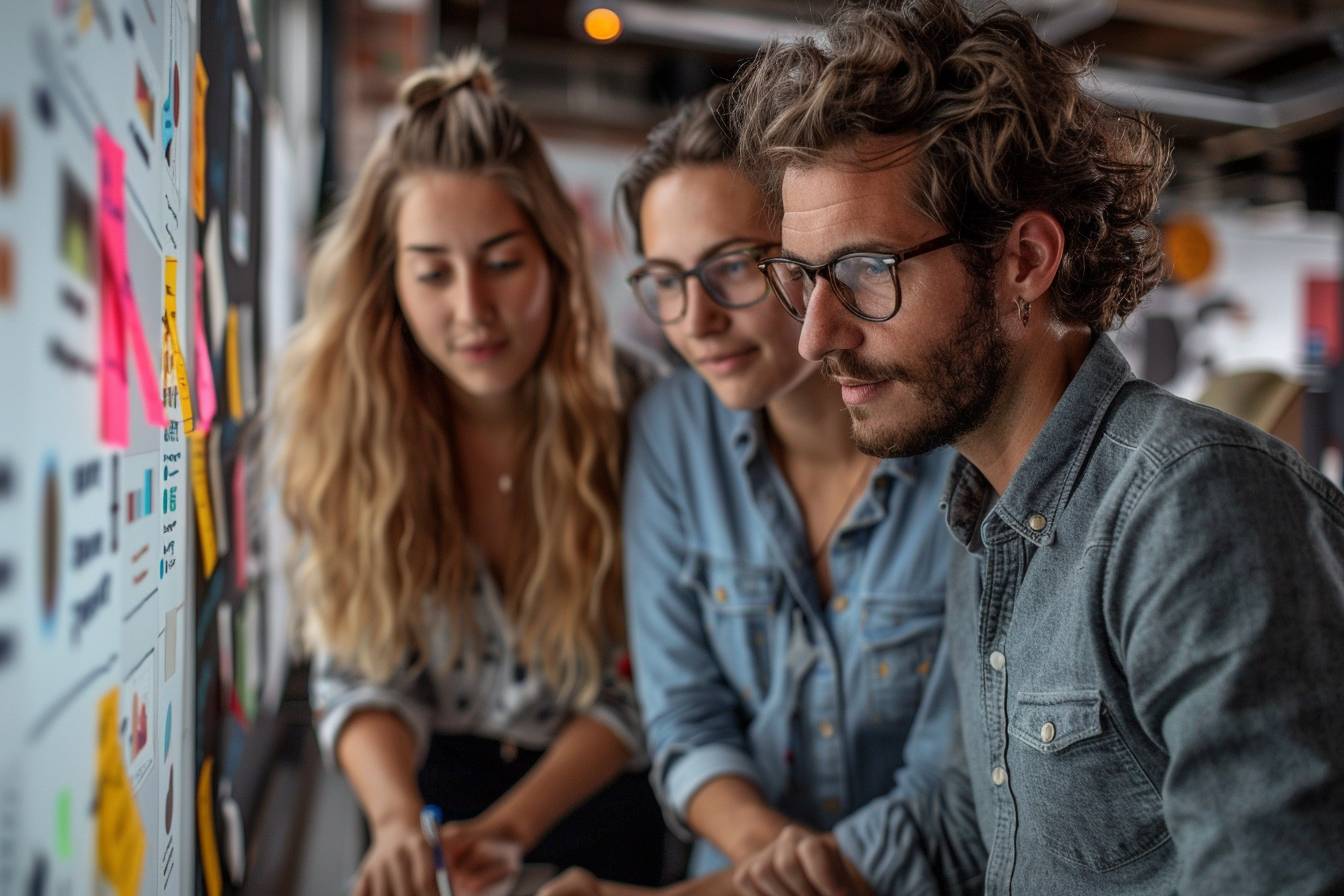 A group of three young adults collaboratively working on a board filled with colorful sticky notes and charts in a creative workspace.