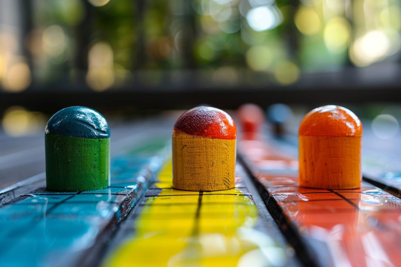 Close-up of colorful wooden game pieces on a vibrant board, featuring green, red, and orange tokens, surrounded by blurred greenery in the background.