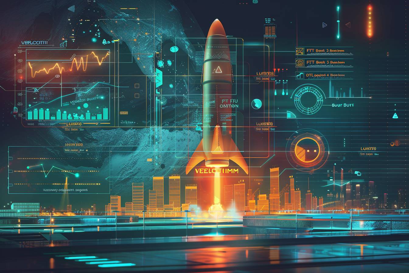 A futuristic rocket launching from a cityscape, surrounded by digital interface elements displaying data, graphs, and technological visuals.