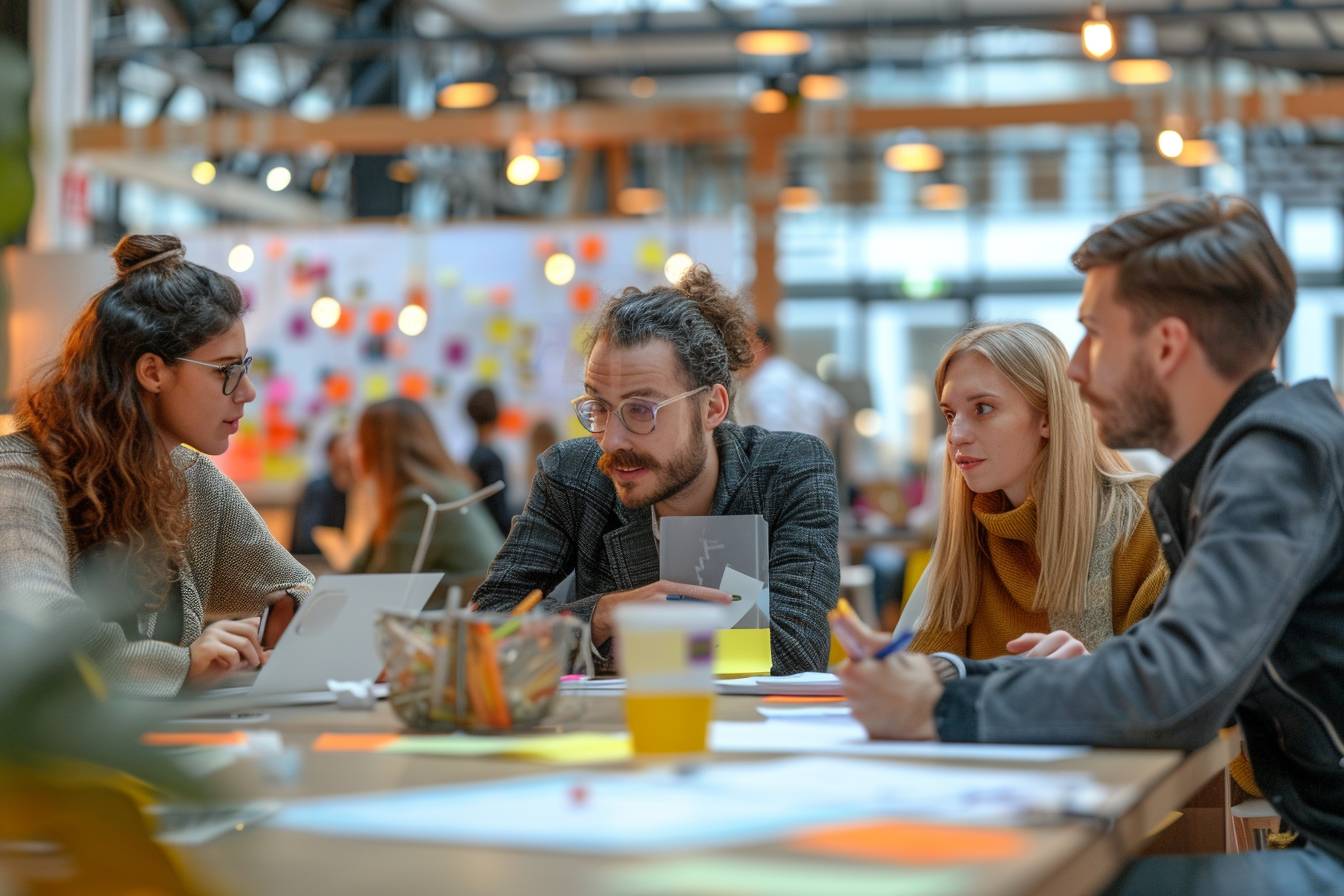 A group of four young professionals engaged in a brainstorming session at a modern workspace, surrounded by colorful notes and creative materials.