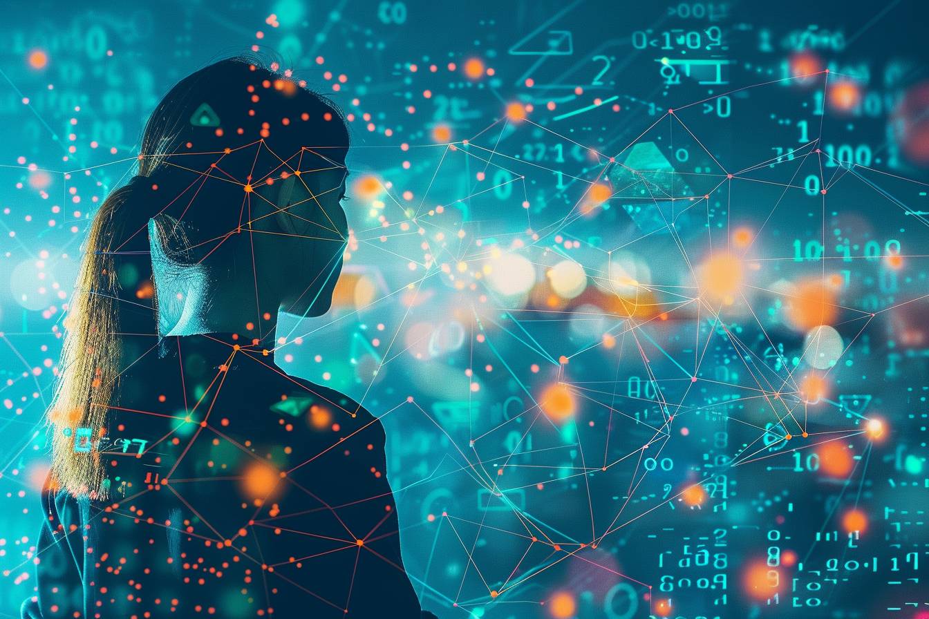 A silhouette of a woman is overlaid with abstract digital patterns and data points, symbolizing technology, innovation, and data analysis.