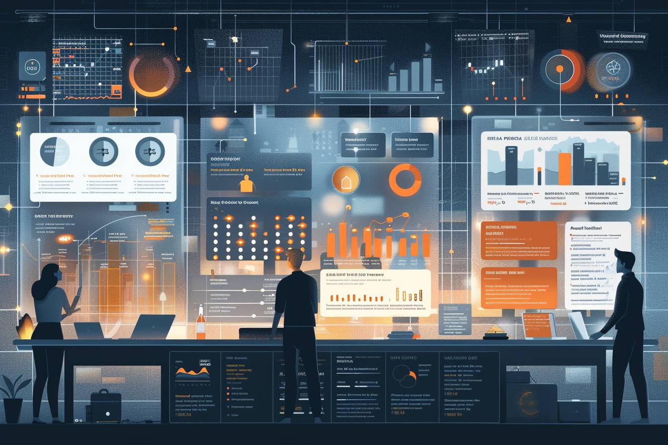A dimly lit workspace with two people analyzing data on multiple screens displaying charts, graphs, and various digital metrics and statistics.