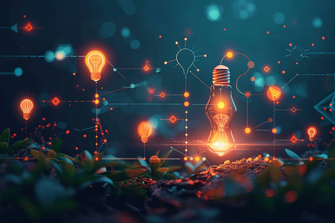 A glowing light bulb illuminates a dark background, surrounded by digital connections and glowing orbs, symbolizing innovation and creativity.