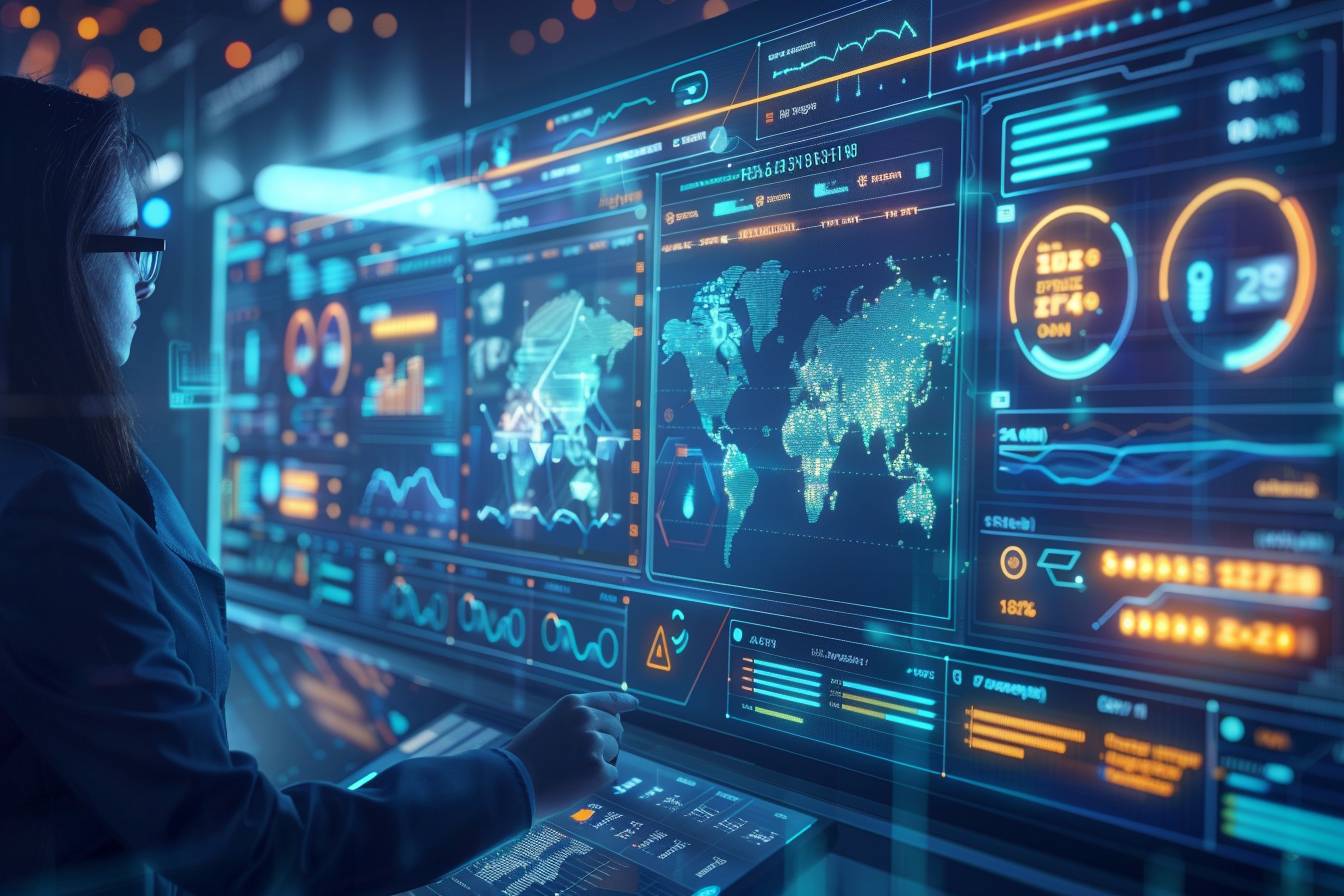 A professional analyzing data on a futuristic touch screen display filled with interactive graphs, maps, and metrics in a high-tech environment.
