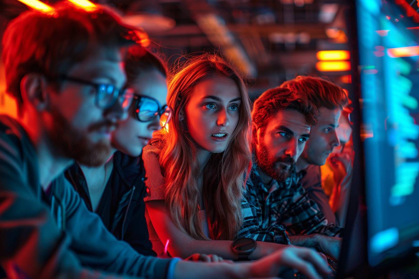 A group of focused individuals engaged in computer work at a dimly lit workspace, illuminated by vibrant red and blue lights.