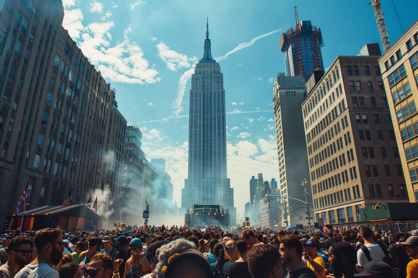 A bustling crowd gathers in the heart of New York City, with the iconic Empire State Building towering above against a clear blue sky.
