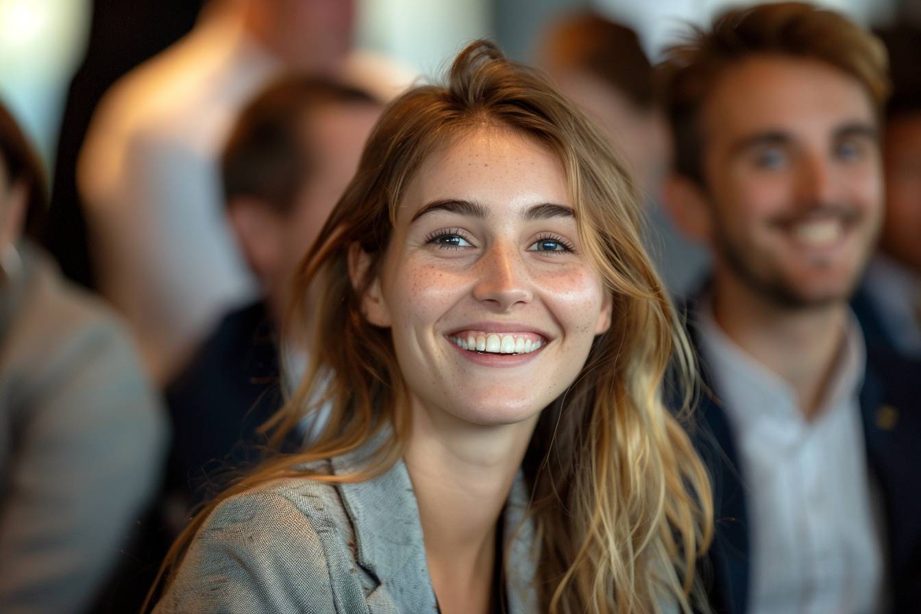 A smiling young woman with long, wavy hair and freckles, in a gray blazer, surrounded by people in a lively setting. Her joyful expression radiates warmth.