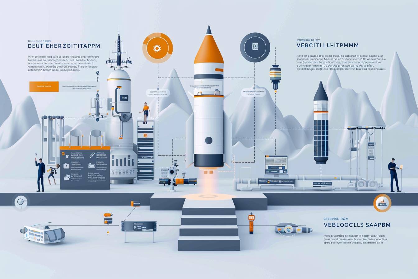 A modern infographic depicting a rocket launch scene with various equipment, personnel, and processes involved in space exploration.