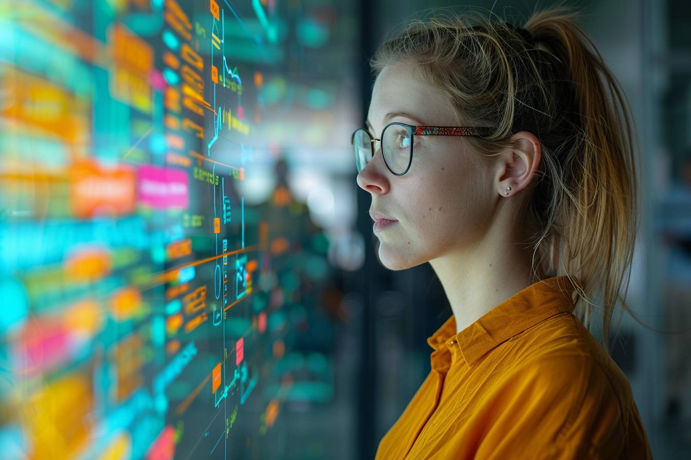 A woman with glasses gazes intently at colorful, digital data on a screen, highlighting a focus on technology and analytics in a modern workspace.