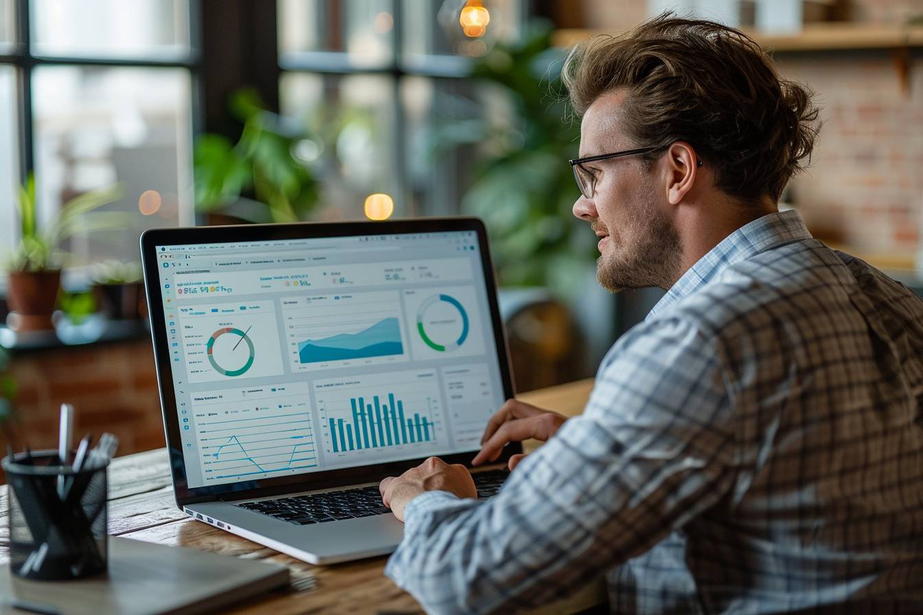 A man working on a laptop in a bright workspace, analyzing data through various charts and graphs displayed on the screen.