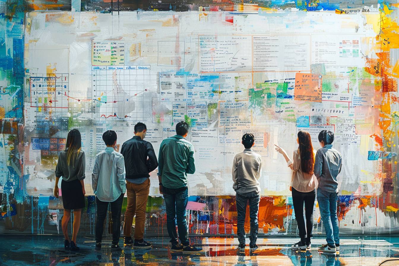 A group of six people observing a large, colorful wall filled with charts, graphs, and various notes, indicating teamwork and brainstorming activities.