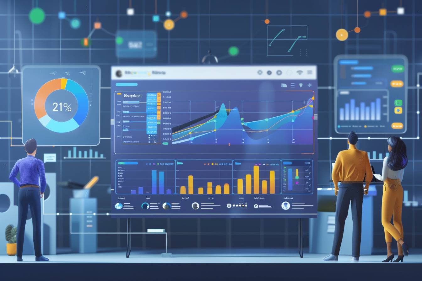 A group of individuals observes a large digital screen displaying interactive data visualizations and analytics in a modern workspace.