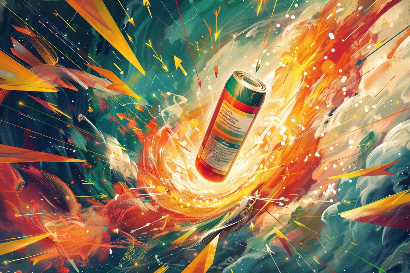 A dynamic explosion of colors surrounds a floating can, radiating bright flames and energetic lines, conveying a sense of motion and vitality.