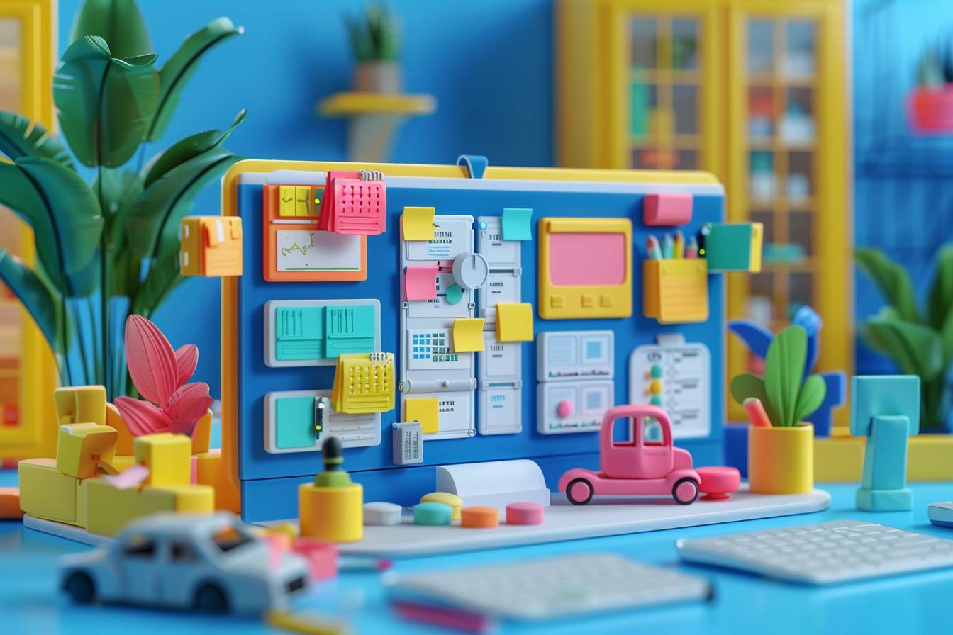 A colorful and playful workspace scene featuring a computer monitor with sticky notes, plants, and fun office accessories, promoting creativity and organization.