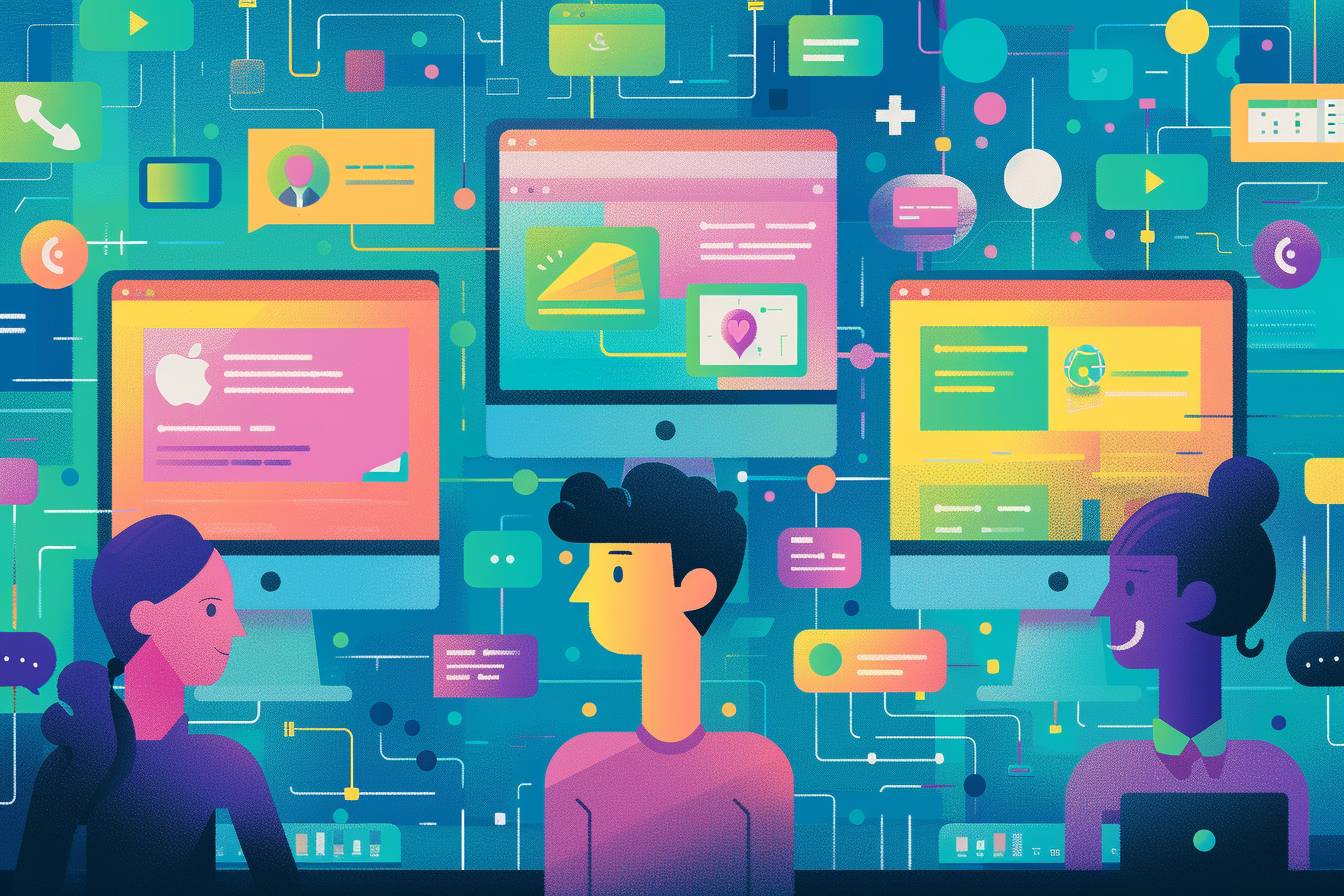 A vibrant illustration depicting three people engaged in digital discussions, surrounded by colorful screens and dynamic data visualizations in a tech environment.