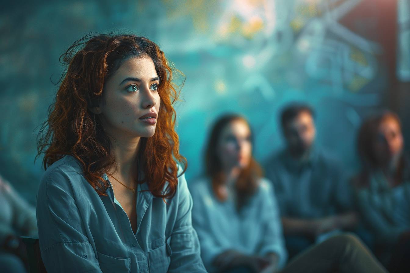 A young woman with curly red hair looks thoughtfully toward the front during a discussion, surrounded by blurred figures in a soft blue-lit setting.