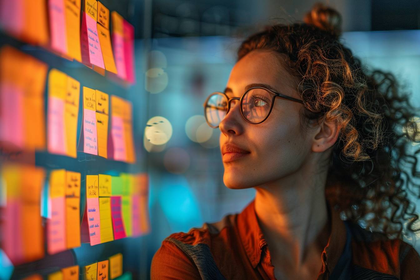 A thoughtful woman with curly hair and glasses gazes at colorful sticky notes on a glass board, reflecting creativity and focus in a workspace.