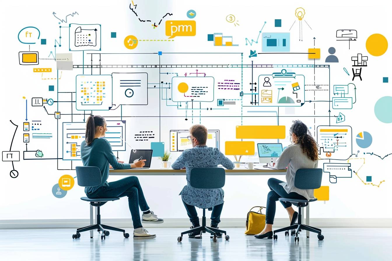 Three professionals are collaboratively working at a table with laptops, engaged in planning or project management, against a vibrant background of diagrams.