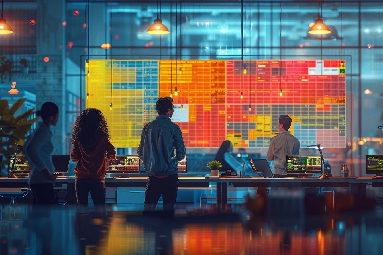A group of professionals analyzing data in a modern office with multiple screens displaying colorful graphs and metrics, reflecting a high-tech environment.