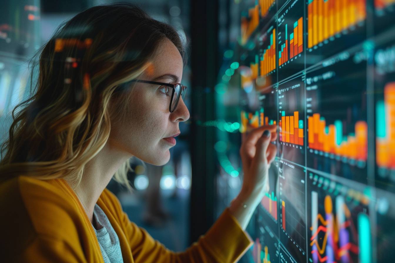 A woman in glasses examines digital data charts on a screen, analyzing colorful graphs and trends in a modern tech environment.