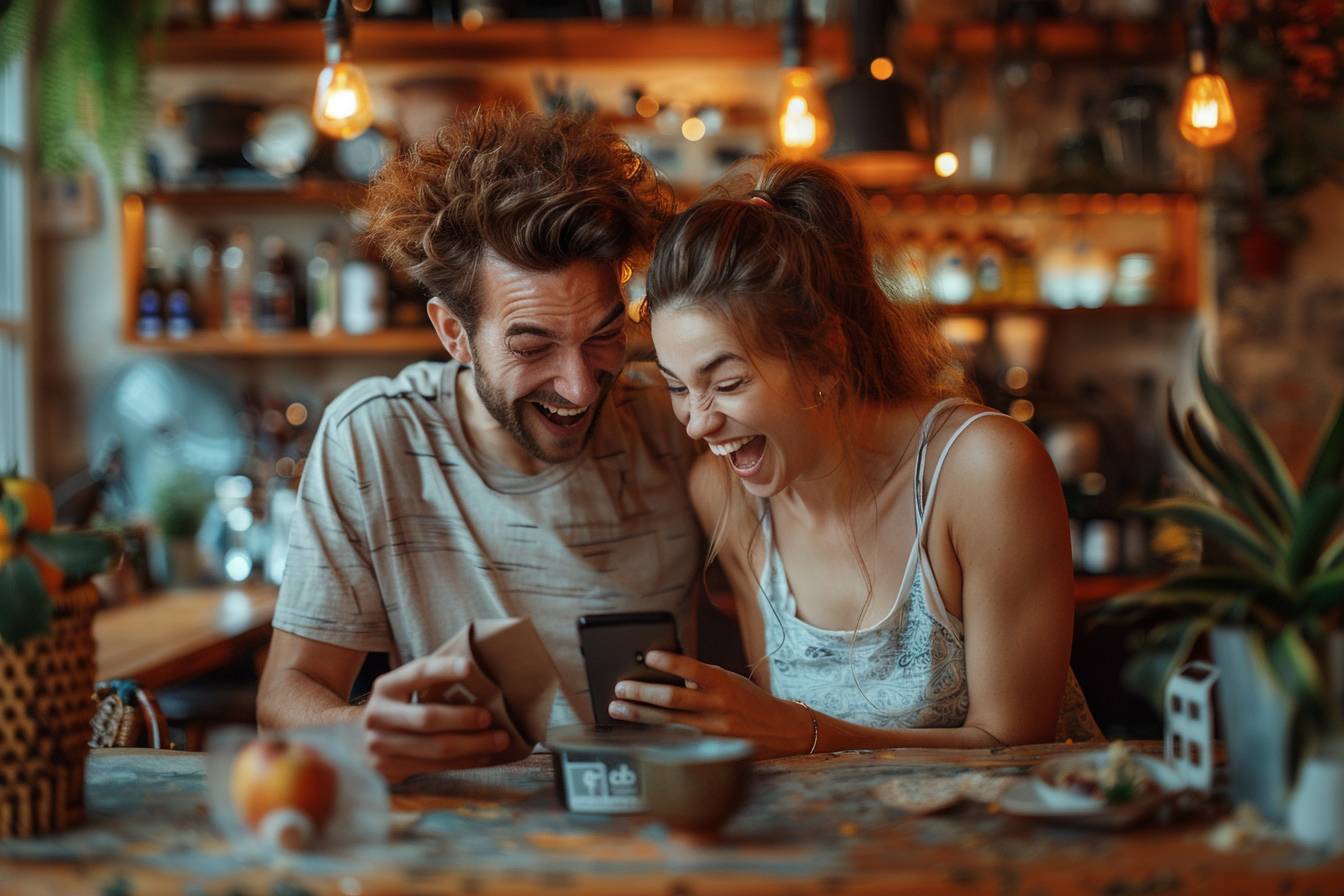 A couple joyfully shares a moment over a smartphone while enjoying drinks in a cozy cafe, surrounded by warm lighting and decor.
