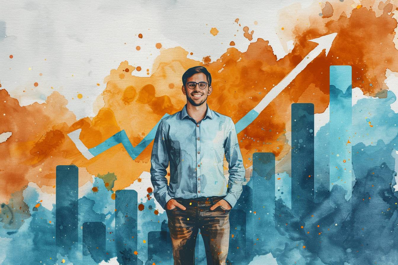 A smiling man in glasses stands confidently in front of colorful watercolor graphics depicting rising bars and an upward arrow, symbolizing growth.