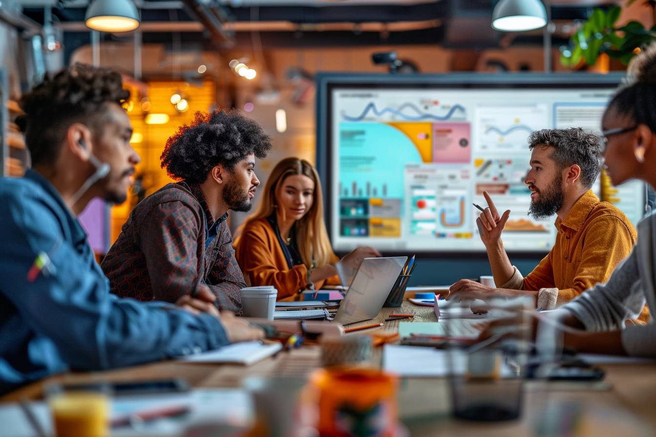 A team meeting with diverse professionals discussing ideas and strategies, a projector displaying charts, data, and visual aids in a modern workspace.