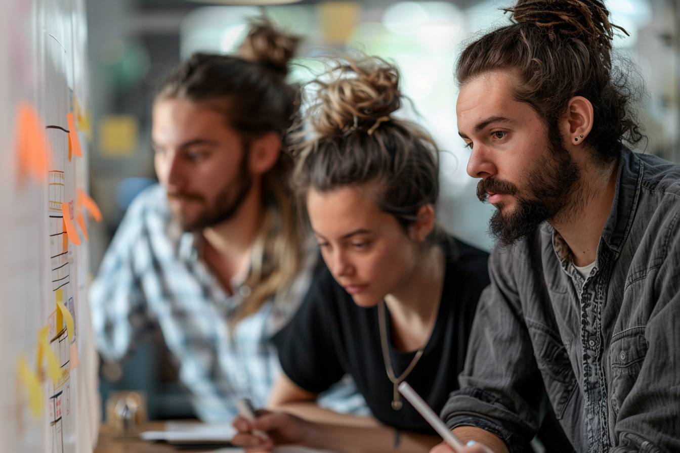 Three young adults engaged in a collaborative brainstorming session, focused on sticky notes and notes on a whiteboard in a modern workspace.