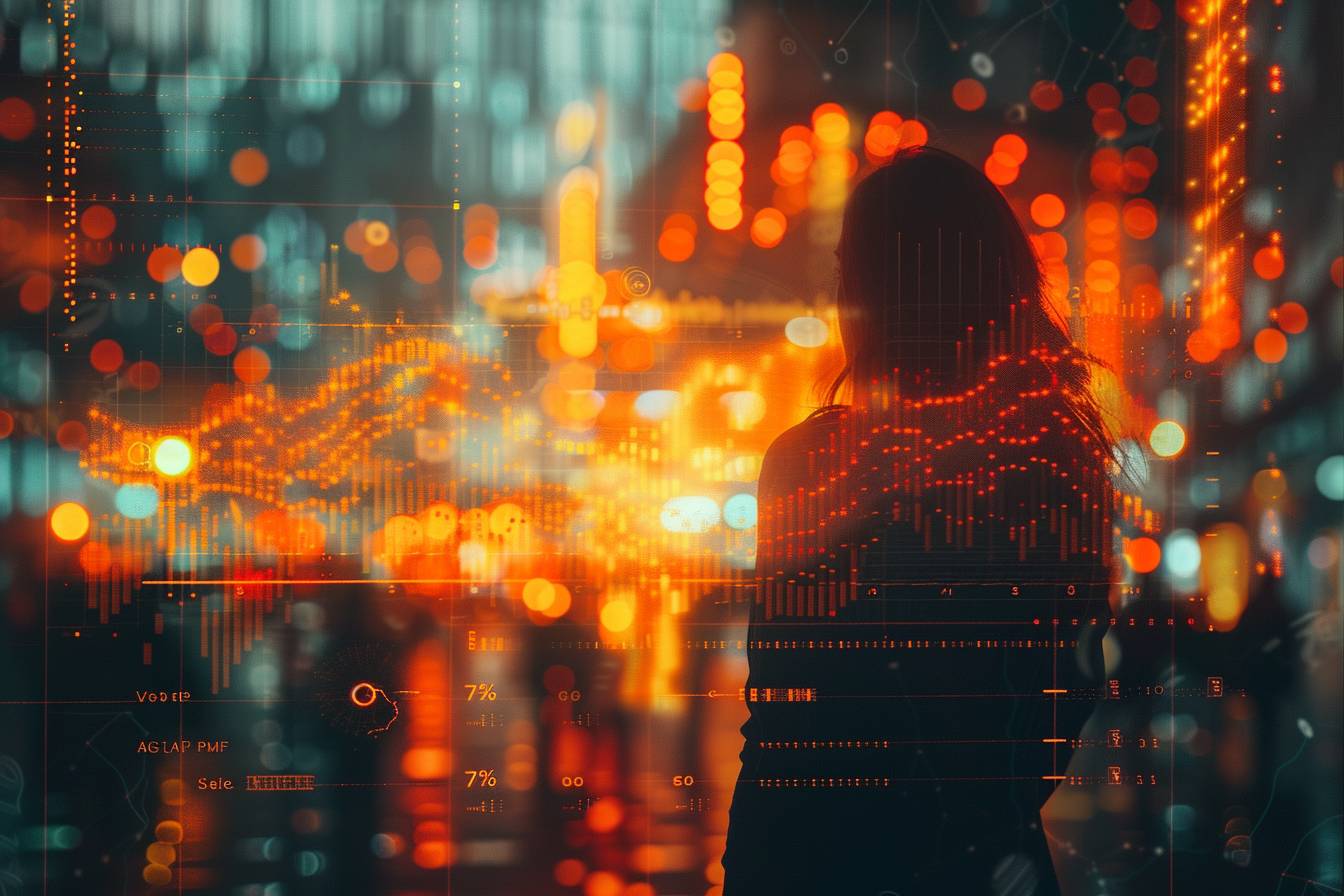 A silhouette of a person against a vibrant city background, overlaid with abstract digital data visualizations and colorful bokeh lights.