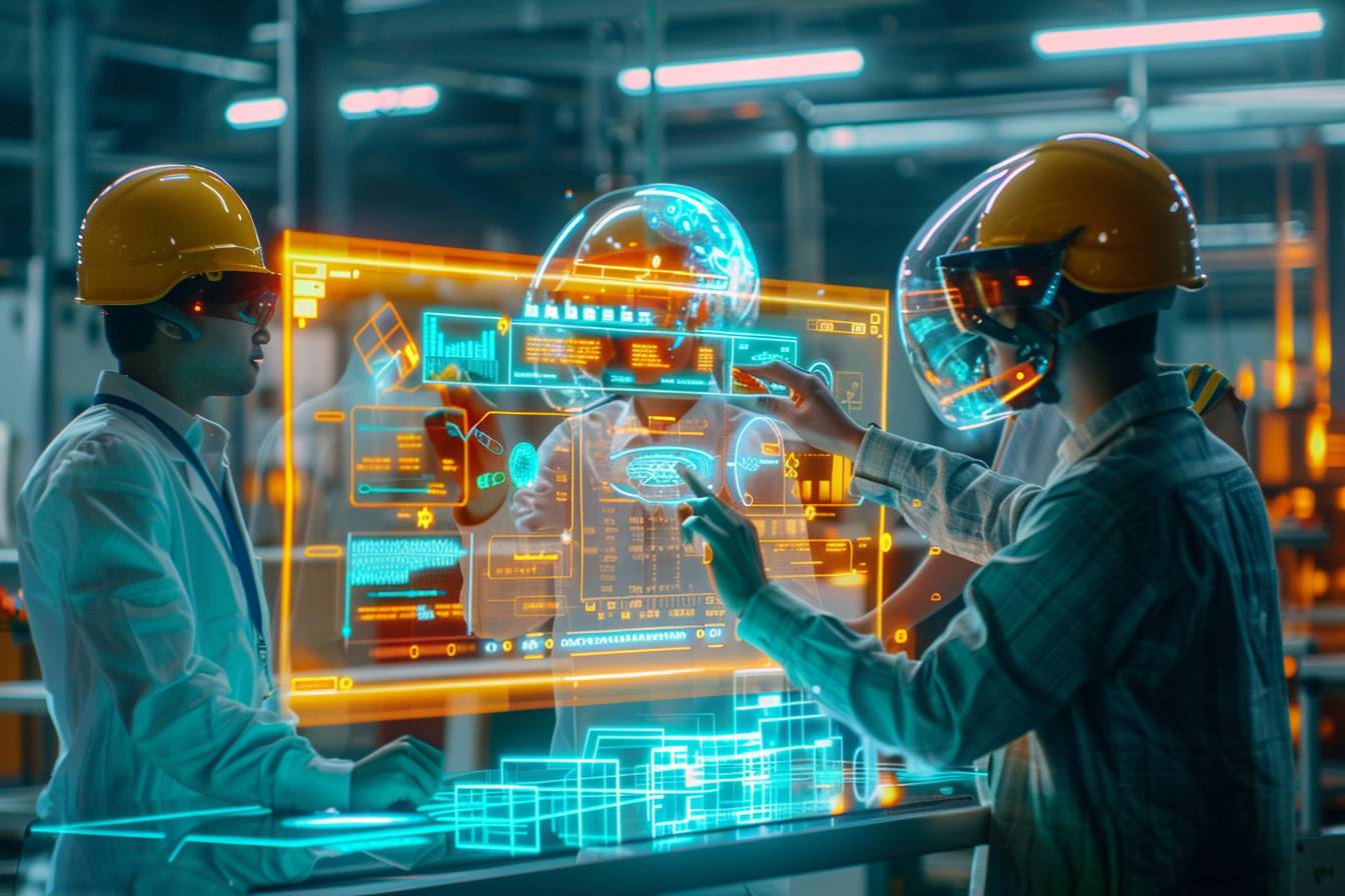 Two engineers in safety helmets interact with a holographic display showcasing data analysis and 3D models in a modern industrial setting.