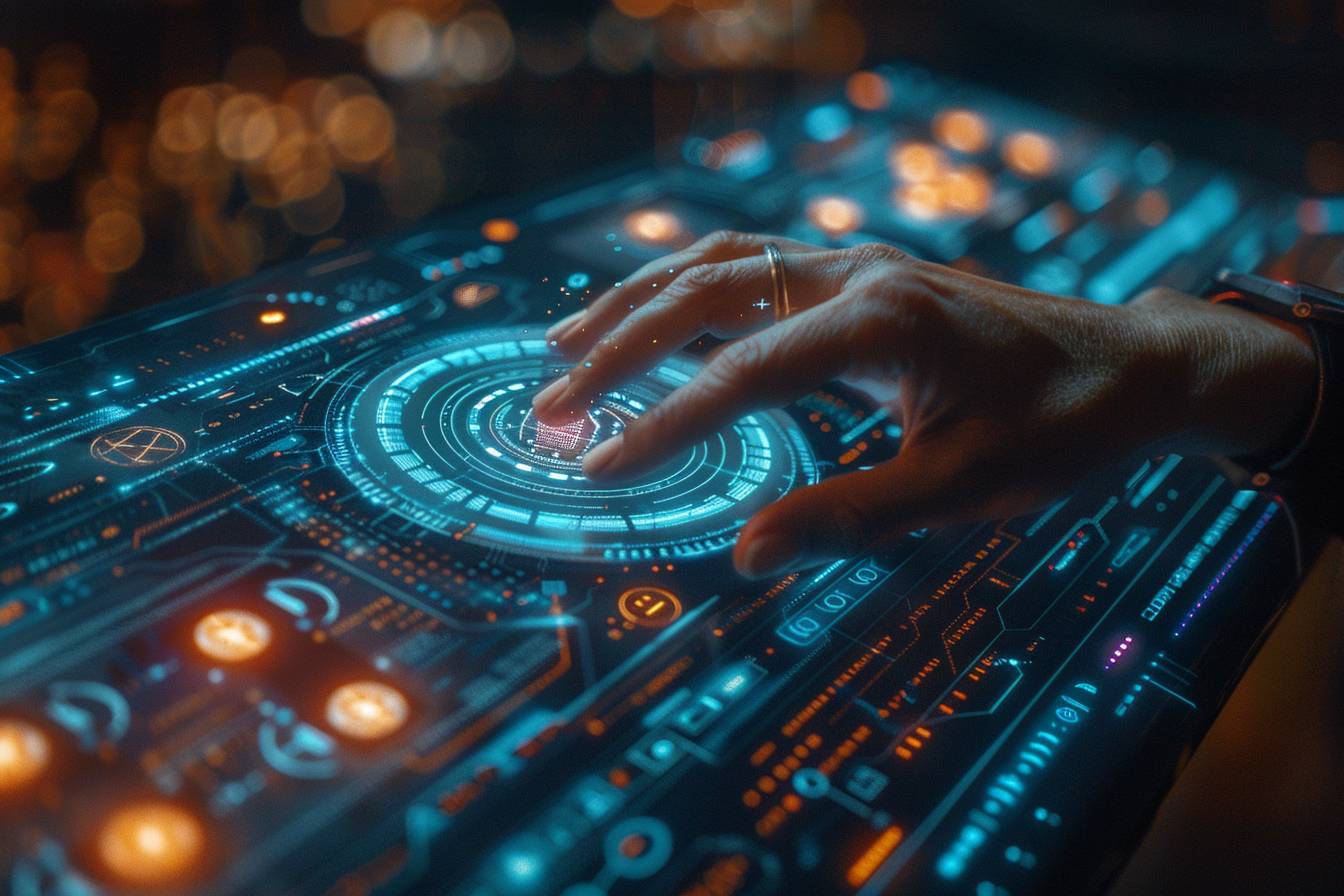 A hand delicately interacts with a futuristic touchscreen interface filled with glowing graphics and data, showcasing advanced technology.