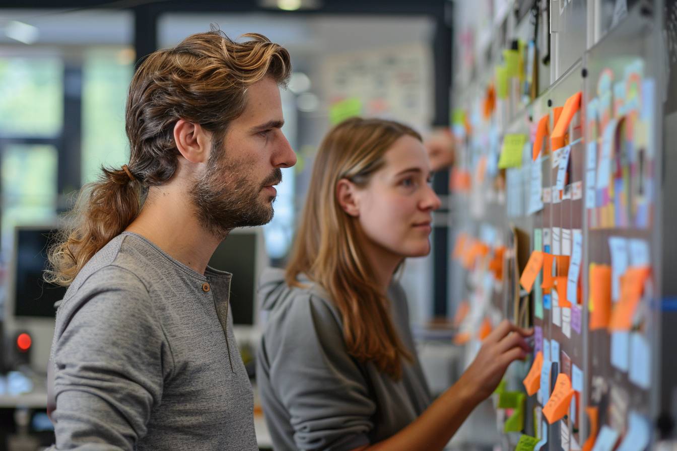 A man and a woman focus on a wall covered in colorful sticky notes, discussing ideas in a collaborative workspace environment.