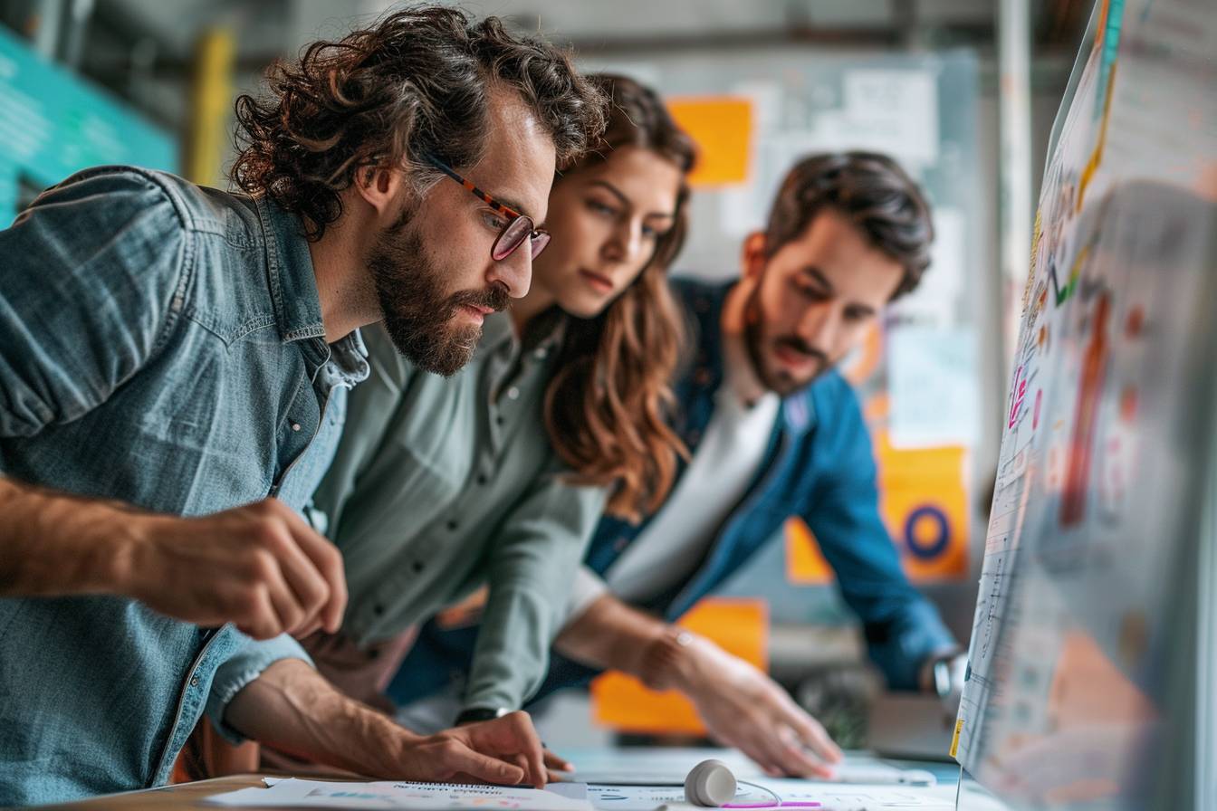Three focused professionals collaboratively discuss ideas, examining documents and notes on a desk in a creative workspace filled with colorful visuals.
