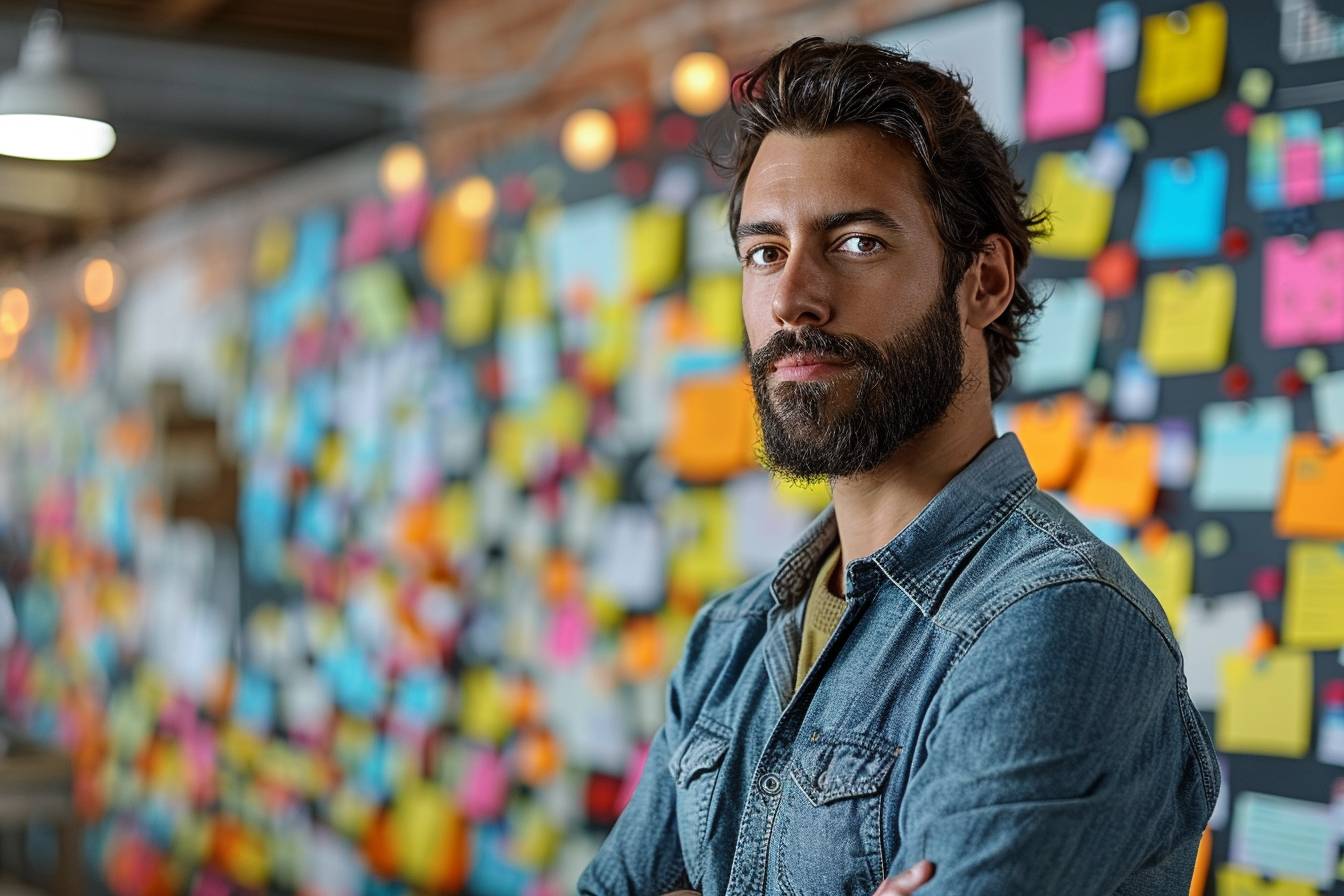 A man with a beard poses confidently in front of a wall filled with colorful sticky notes, suggesting an innovative workspace or brainstorming session.
