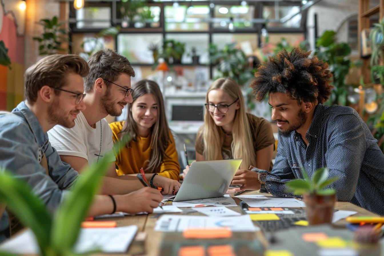 A diverse group of young adults collaborates over a laptop and notes at a creative workspace filled with plants and stationery.