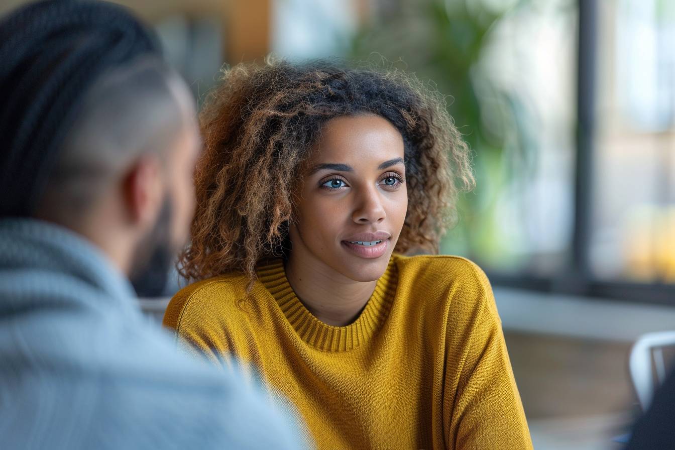 A woman with curly hair, wearing a yellow sweater, listens intently during a conversation in a bright indoor setting, with greenery in the background.