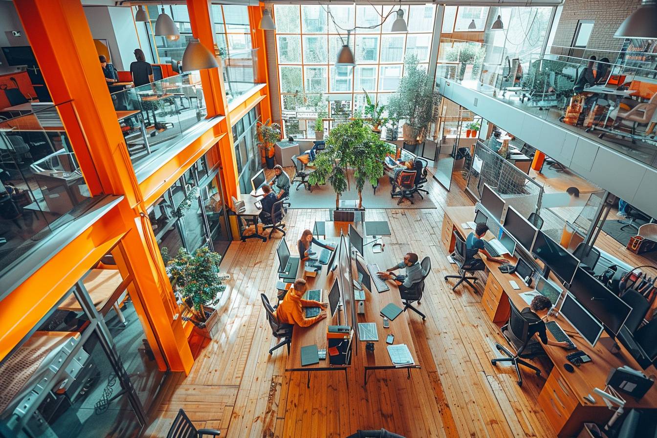 A bright, modern office space featuring people working at desks with multiple monitors, large windows, green plants, and wooden flooring.