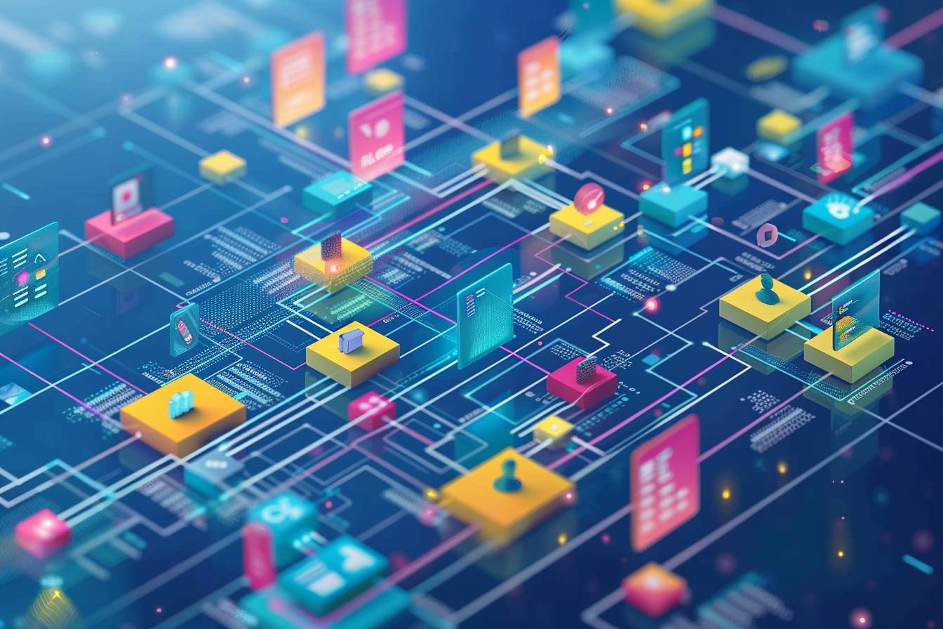A vibrant abstract digital landscape featuring colorful geometric shapes and icons, representing data flow and interconnected systems in technology.
