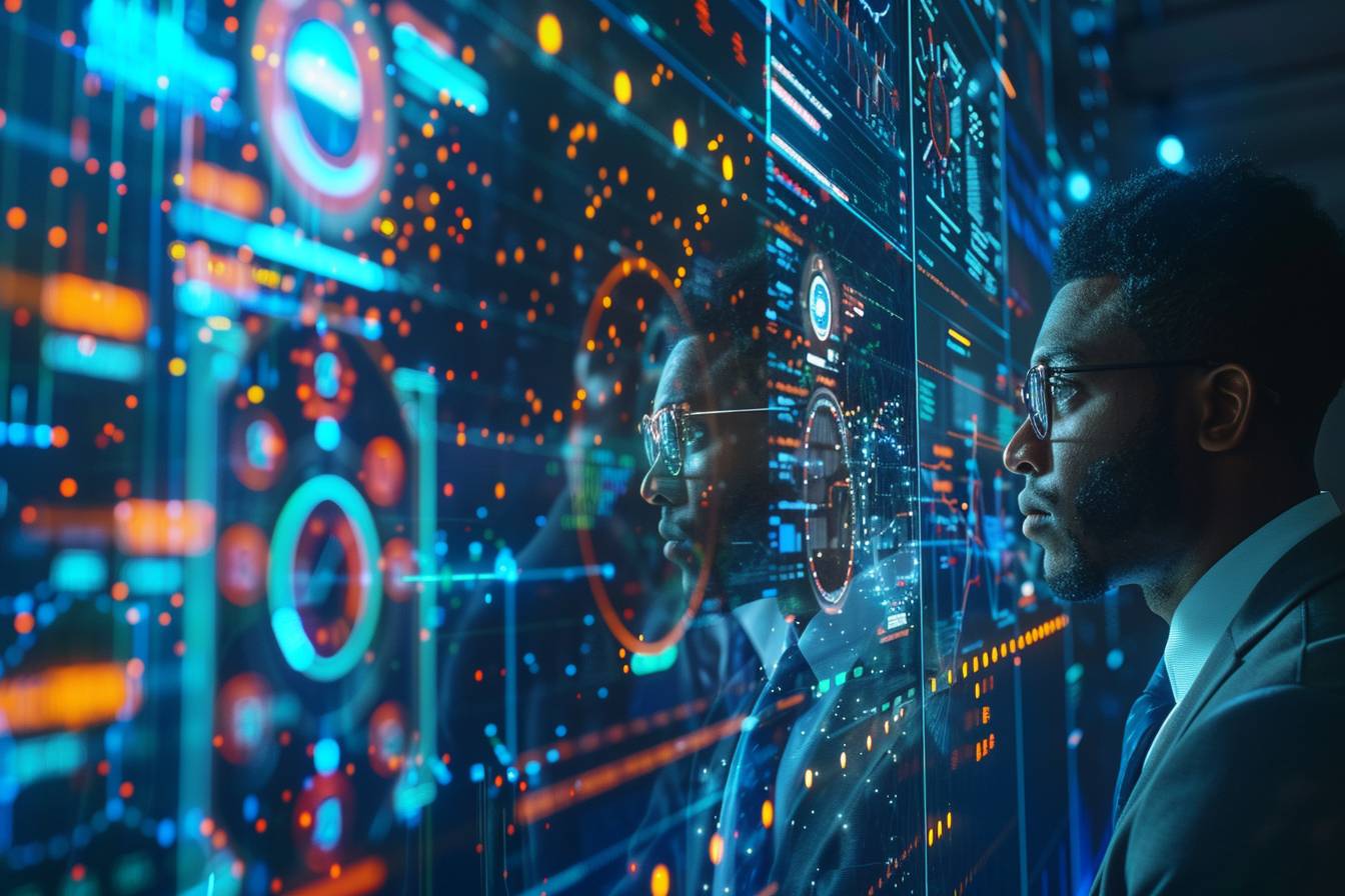 A professional man in a suit and glasses gazes intently at a futuristic digital interface displaying colorful graphs and data visualizations.
